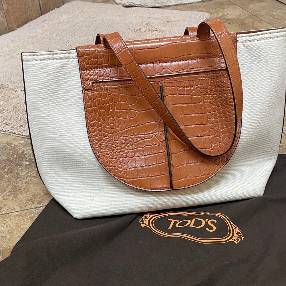 Tod's Brown and Cream Croc-Embossed Tote